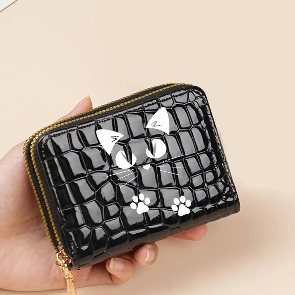 Portefeuille compact femme à double zip en similicuir avec motif chat et porte-cartes — photo 20