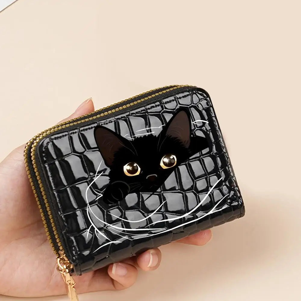Portefeuille compact femme à double zip en similicuir avec motif chat et porte-cartes — photo 21