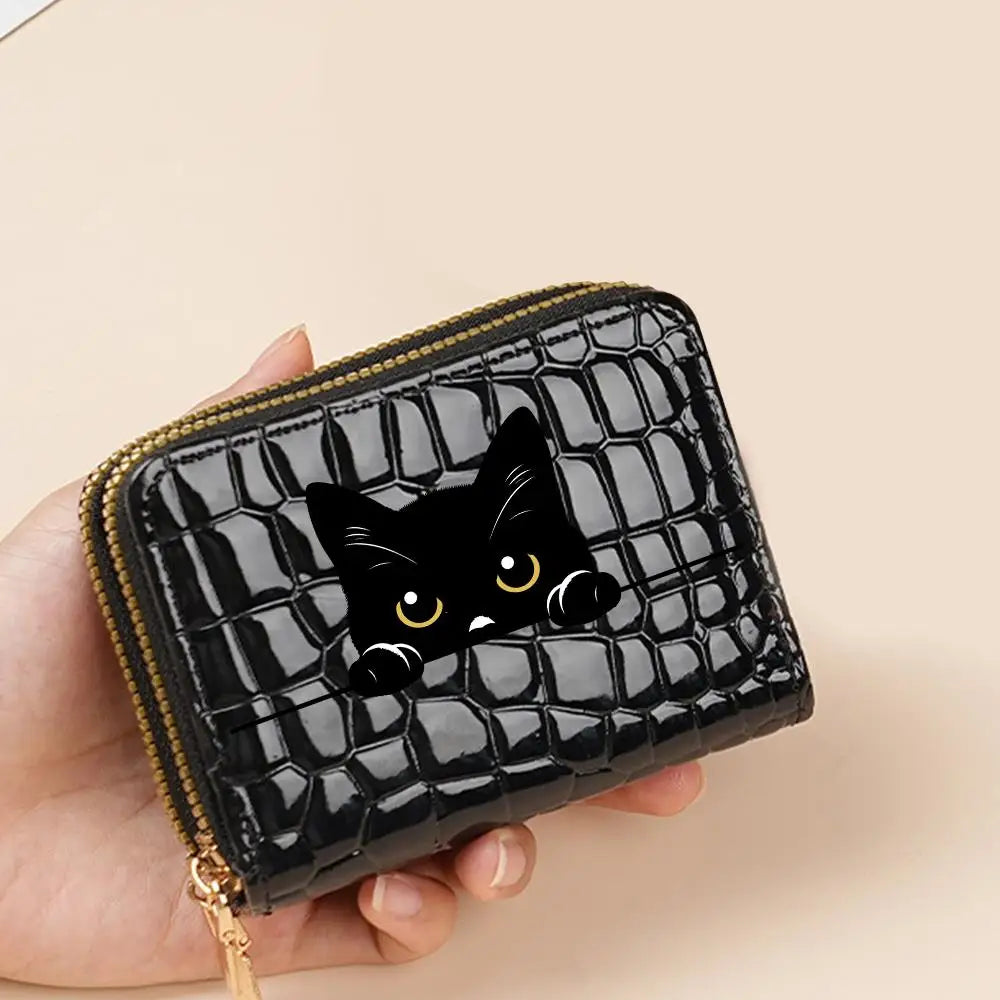 Portefeuille compact femme à double zip en similicuir avec motif chat et porte-cartes — photo 22