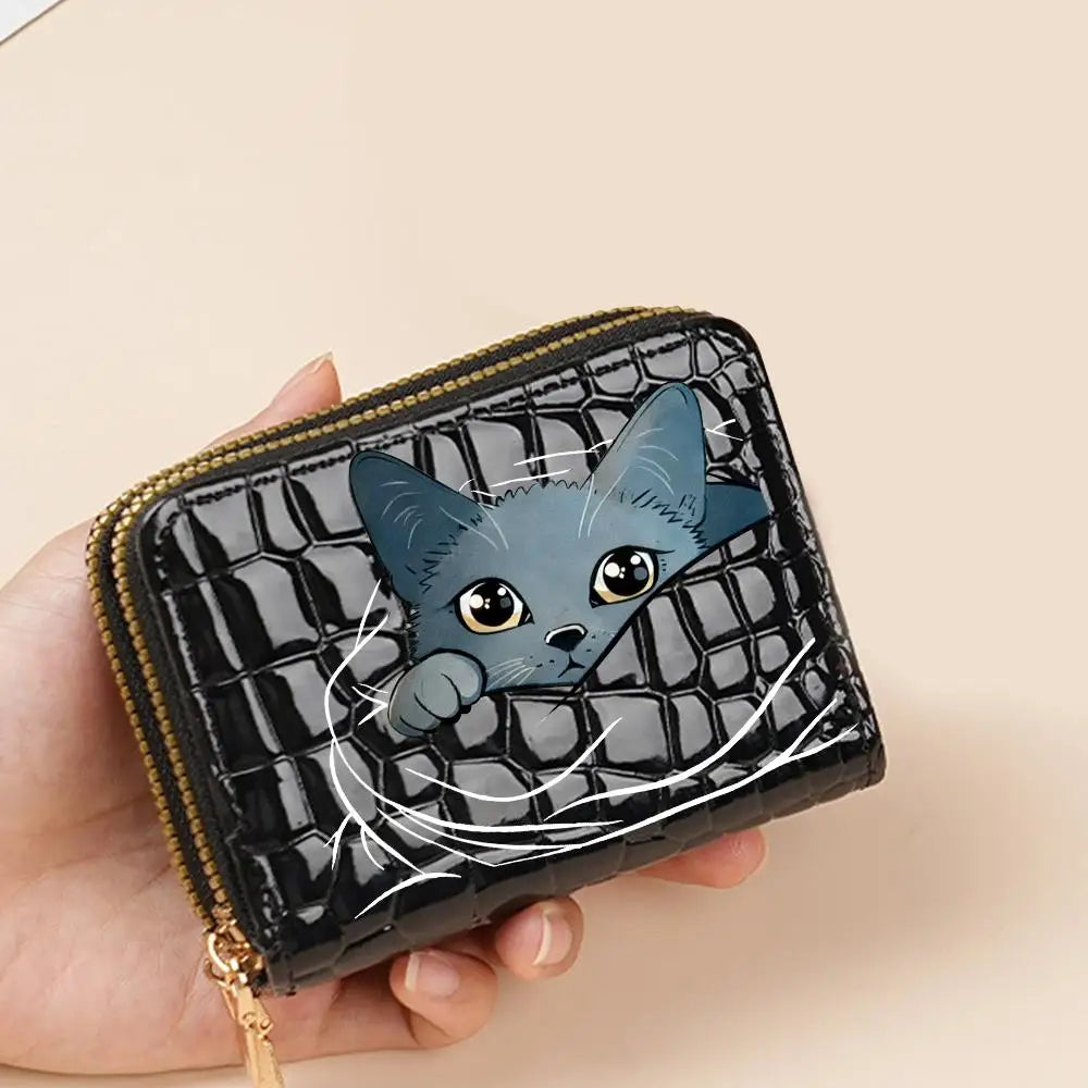 Portefeuille compact femme à double zip en similicuir avec motif chat et porte-cartes — photo 24