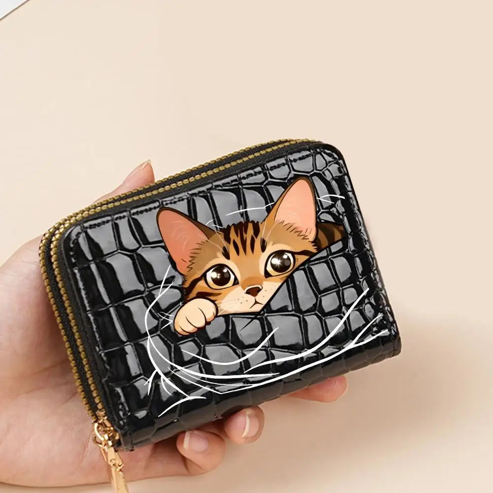 Portefeuille compact femme à double zip en similicuir avec motif chat et porte-cartes — photo 25