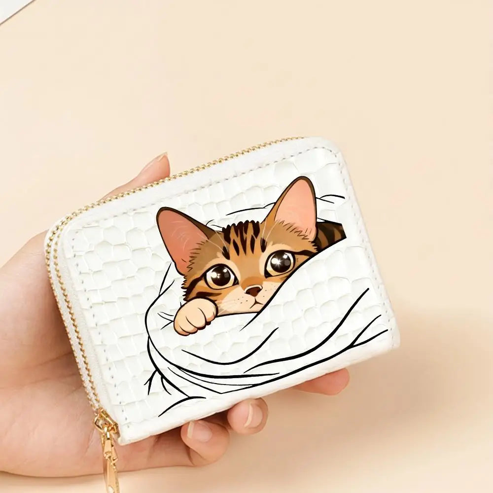 Portefeuille compact femme à double zip en similicuir avec motif chat et porte-cartes — photo 7