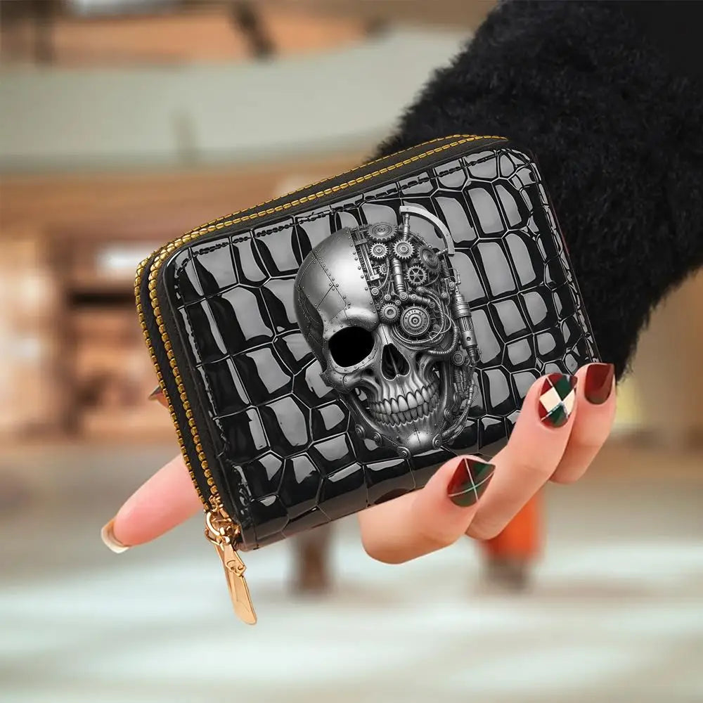 Portefeuille compact femme à double zip en similicuir avec motif chat et porte-cartes — photo 9