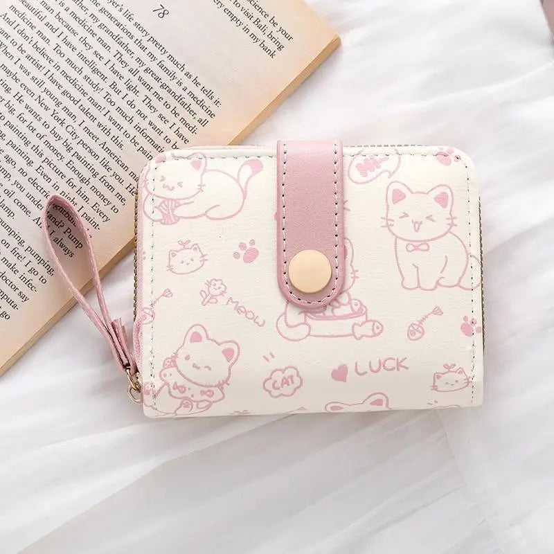 Portefeuille compact en similicuir avec porte-cartes zippé motif chat pour femme — photo 10