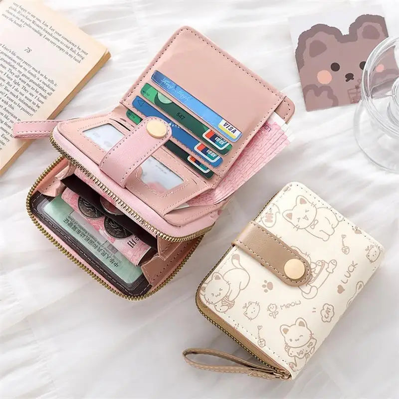 Portefeuille compact en similicuir avec porte-cartes zippé motif chat pour femme — photo 5