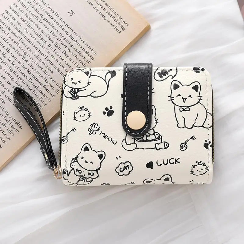 Portefeuille compact en similicuir avec porte-cartes zippé motif chat pour femme — photo 7