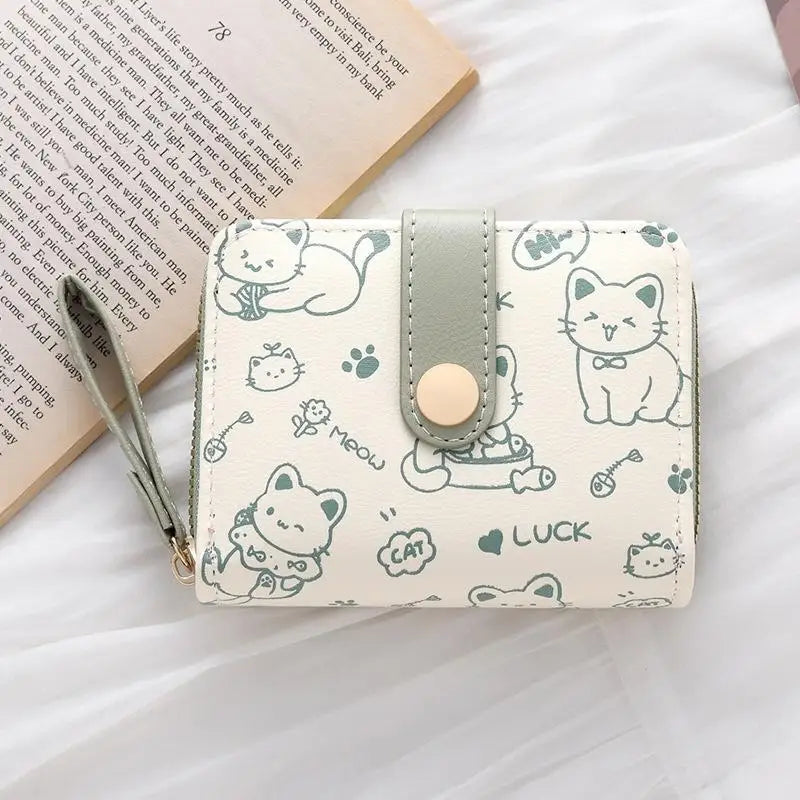 Portefeuille compact en similicuir avec porte-cartes zippé motif chat pour femme — photo 9