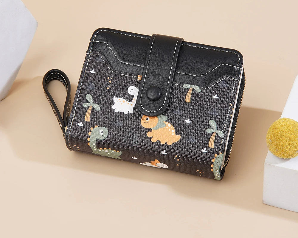 Portefeuille court à motif dinosaure mignon avec blocage rfid et bouton pression pour femme — photo 3