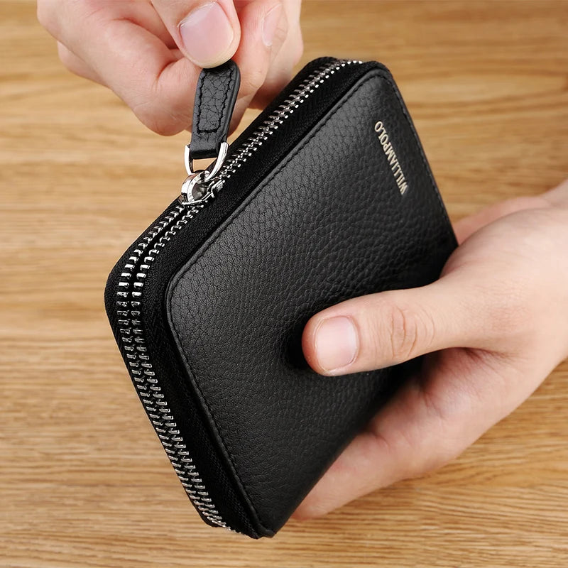 Portefeuille cuir véritable compact zippé porte-cartes multifonction unisexe — photo 1