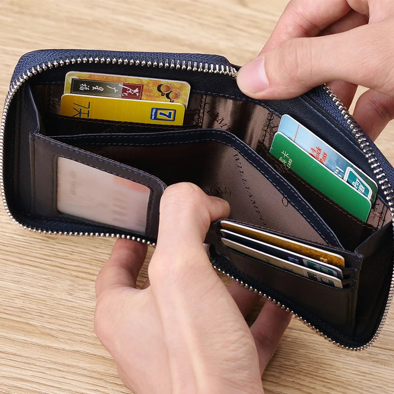 Portefeuille cuir véritable compact zippé porte-cartes multifonction unisexe — photo 2