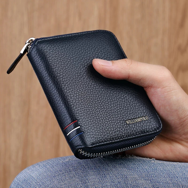 Portefeuille cuir véritable compact zippé porte-cartes multifonction unisexe — photo 3 Image
