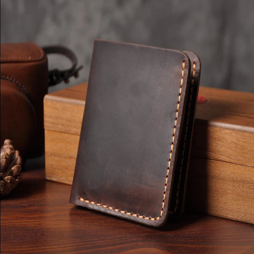 Portefeuille en cuir véritable pour homme – Portefeuille court fait main, style vintage, avec porte-cartes et porte-monnaie — photo 1