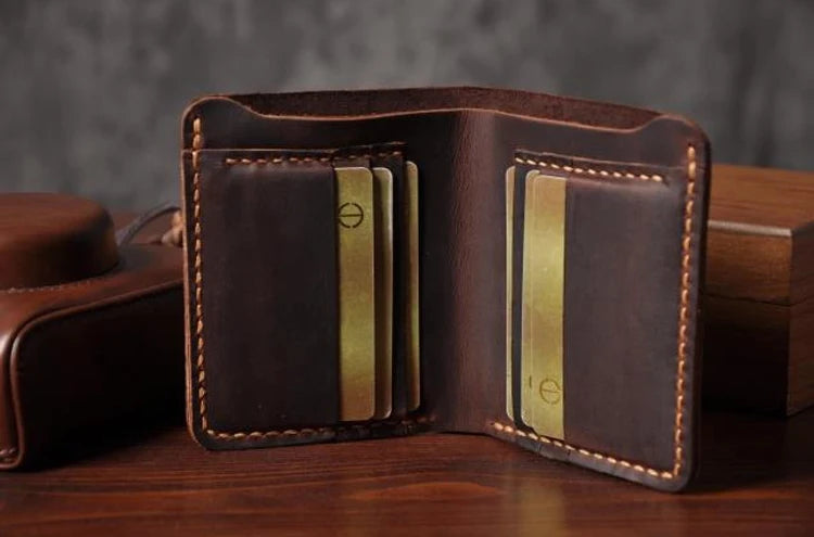 Portefeuille en cuir véritable pour homme – Portefeuille court fait main, style vintage, avec porte-cartes et porte-monnaie — photo 2