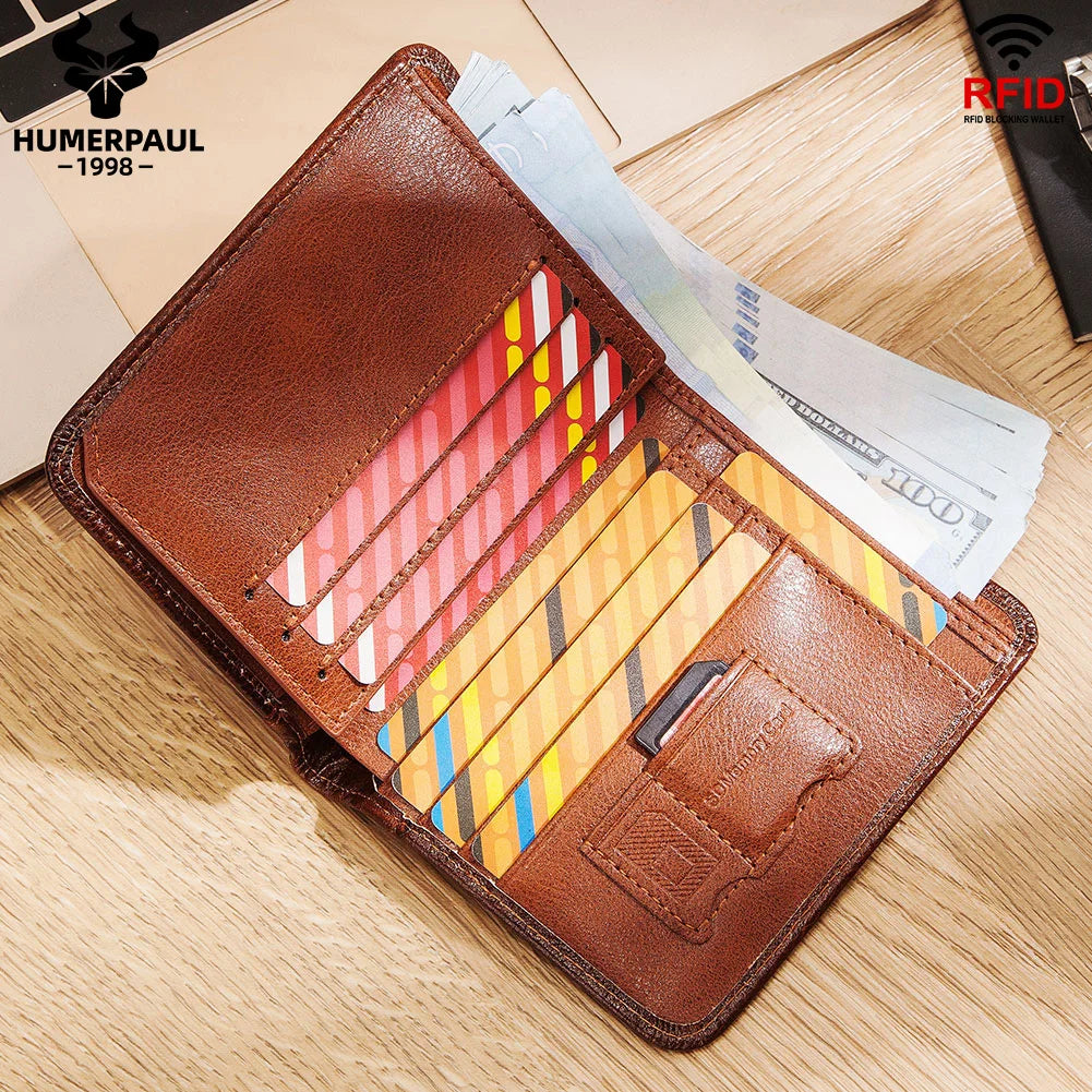 Portefeuille homme en cuir véritable RFID compact trifold avec porte-cartes et compartiments — photo 2