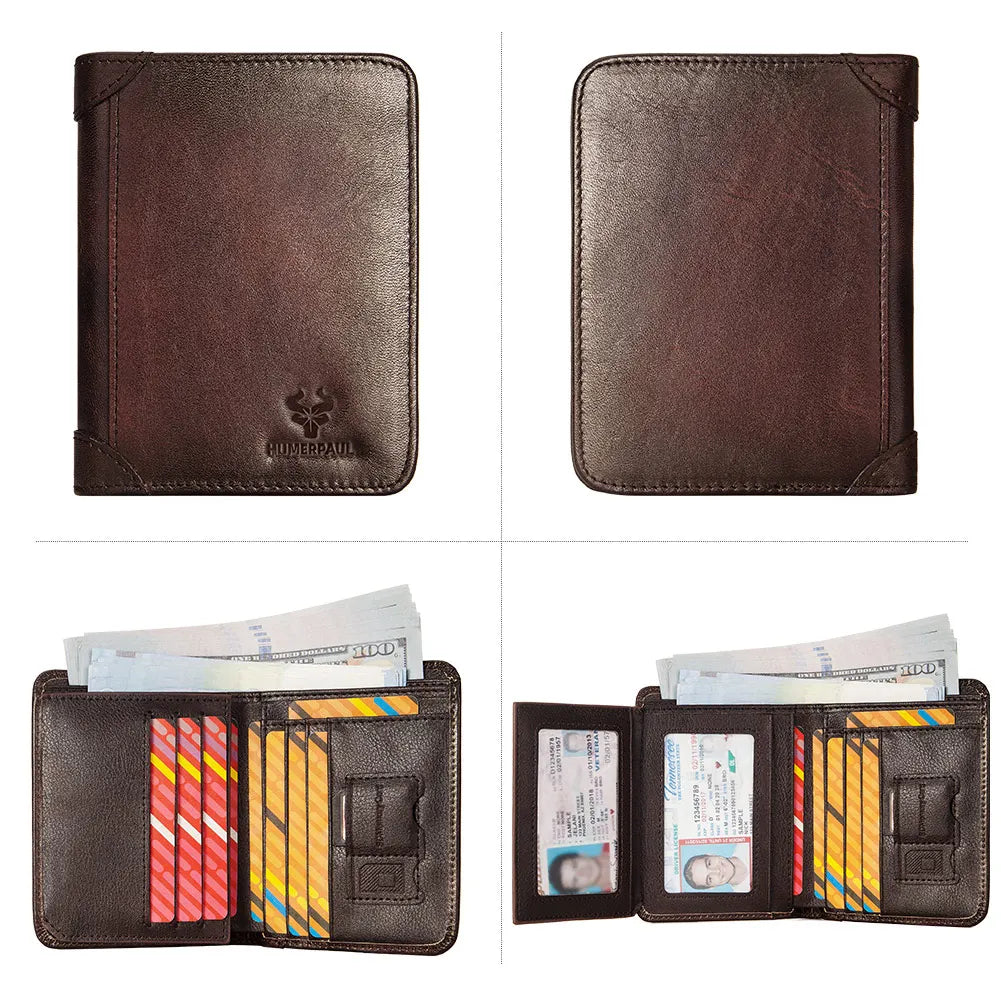 Portefeuille homme en cuir véritable RFID compact trifold avec porte-cartes et compartiments — photo 3 Image