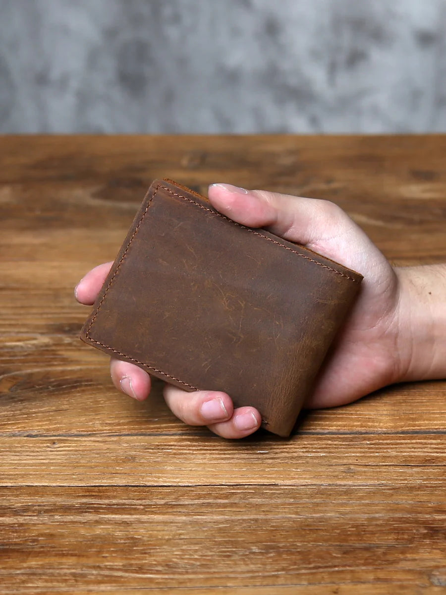Portefeuille en cuir véritable pour homme – Portefeuille rétro avec 6 emplacements pour cartes, en cuir Crazy Horse, sans fermeture éclair — photo 1