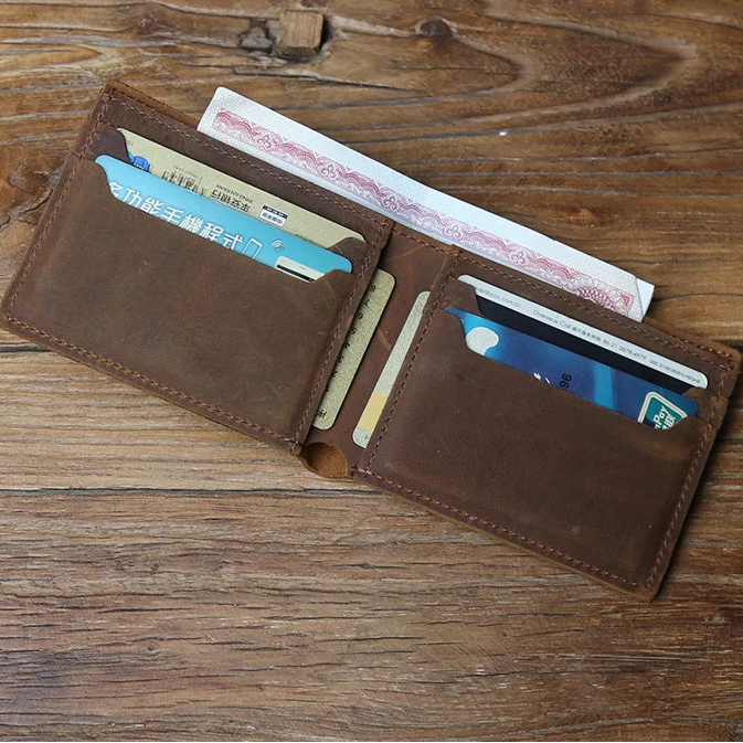 Portefeuille en cuir véritable pour homme – Portefeuille rétro avec 6 emplacements pour cartes, en cuir Crazy Horse, sans fermeture éclair — photo 2