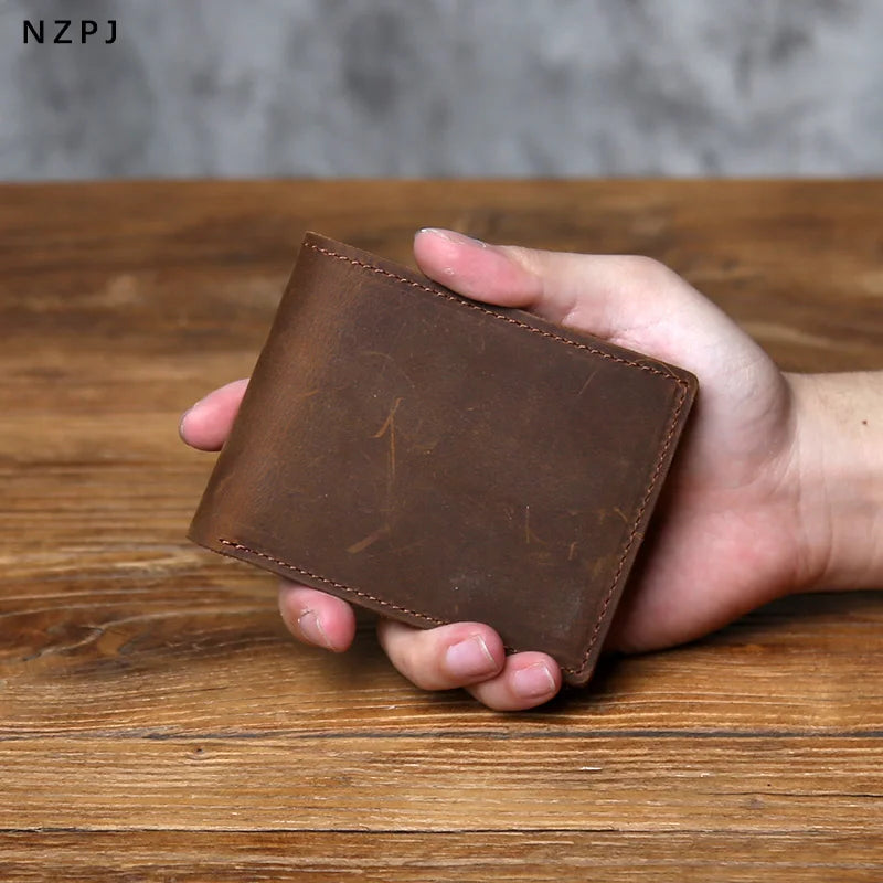 Portefeuille en cuir véritable pour homme – Portefeuille rétro avec 6 emplacements pour cartes, en cuir Crazy Horse, sans fermeture éclair — photo 3