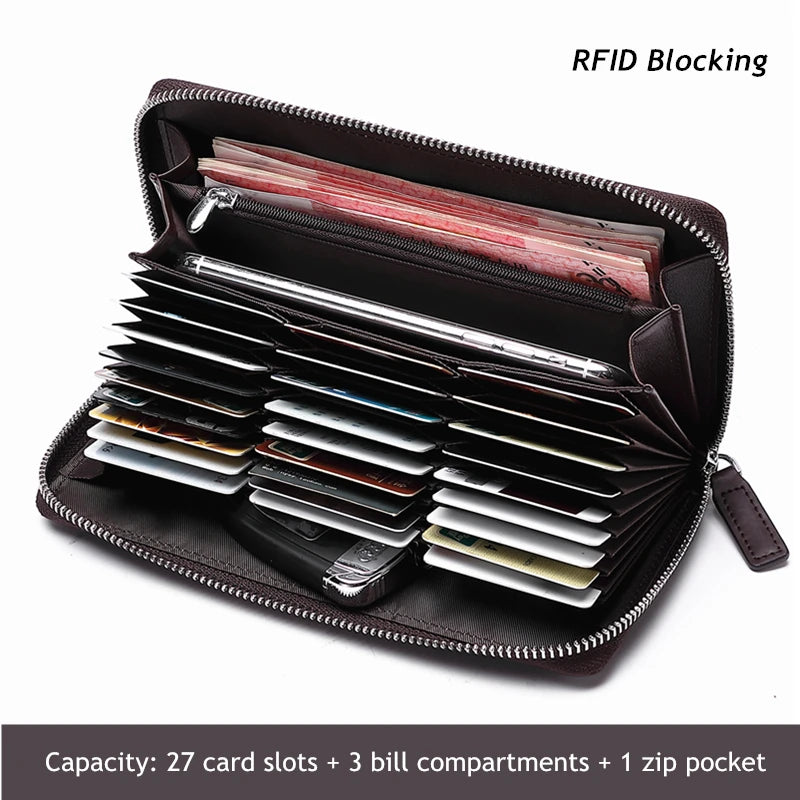 Portefeuille long en cuir véritable – Portefeuille RFID avec fermeture éclair, porte-cartes et poche à monnaie — photo 2