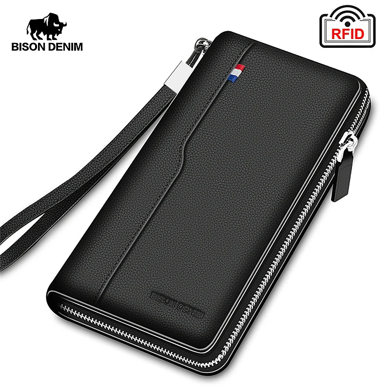 Portefeuille long en cuir véritable – Portefeuille RFID avec fermeture éclair, porte-cartes et poche à monnaie — photo 3