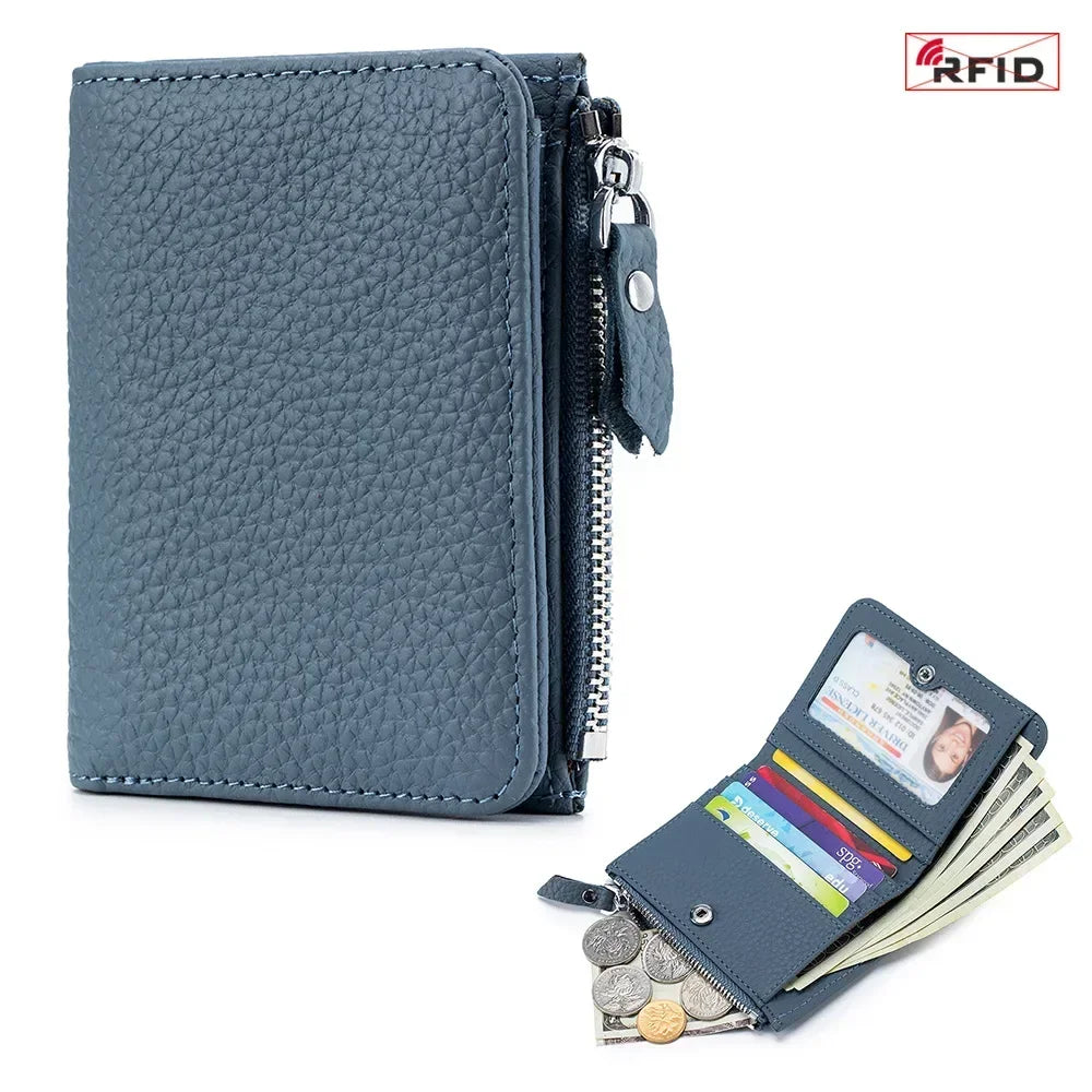 Portefeuille cuir véritable RFID compact zippé porte-cartes et monnaie unisexe — photo 10