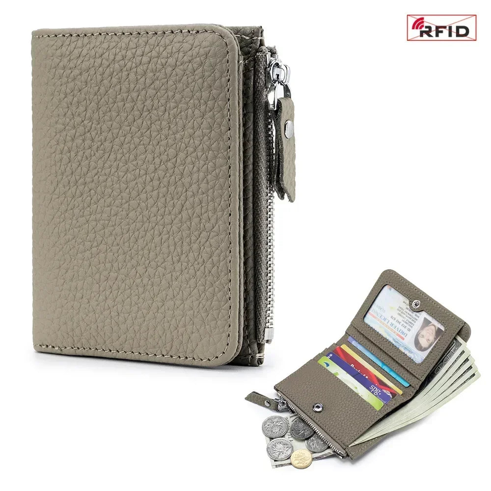 Portefeuille cuir véritable RFID compact zippé porte-cartes et monnaie unisexe — photo 12