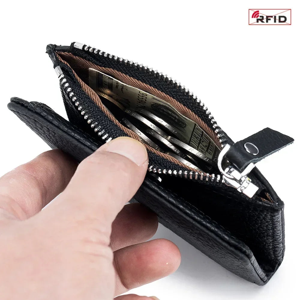 Portefeuille cuir véritable RFID compact zippé porte-cartes et monnaie unisexe — photo 3 Image