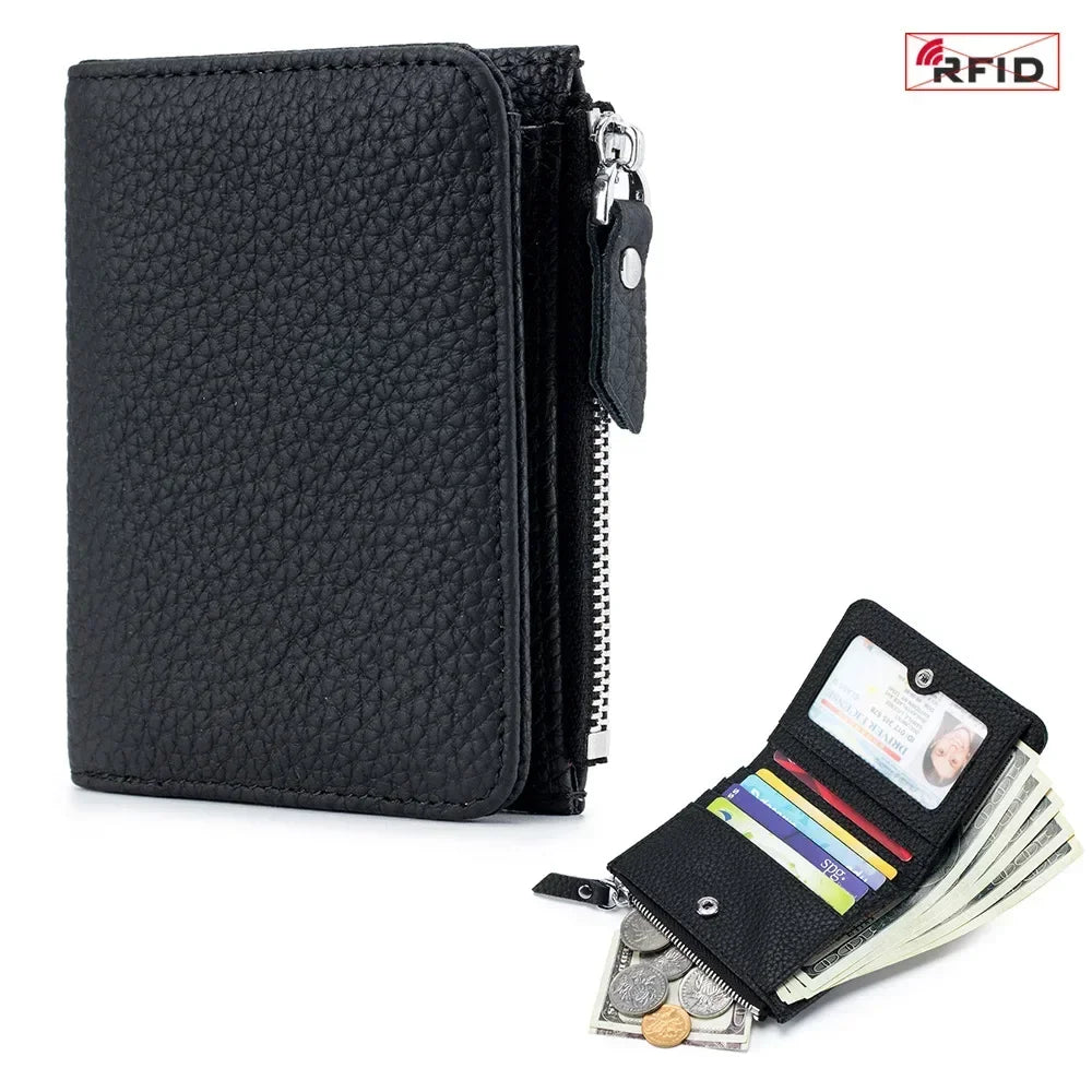 Portefeuille cuir véritable RFID compact zippé porte-cartes et monnaie unisexe — photo 9