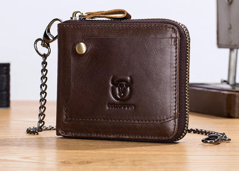 Portefeuille homme en cuir véritable RFID avec chaîne zippé compact vintage — photo 1