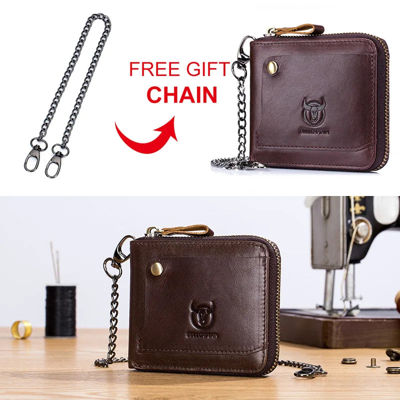 Portefeuille homme en cuir véritable RFID avec chaîne zippé compact vintage — photo 4