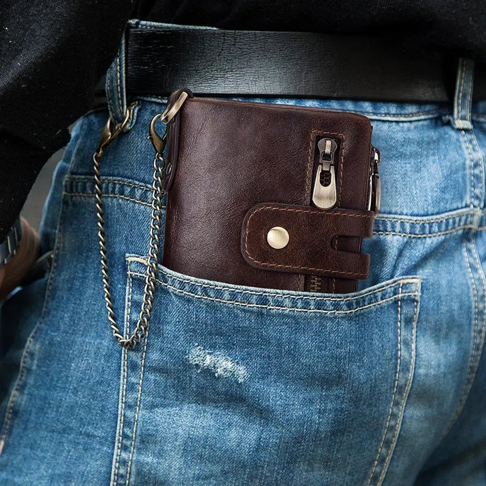 Portefeuille homme cuir véritable RFID avec chaîne zippé compact personnalisable — photo 1
