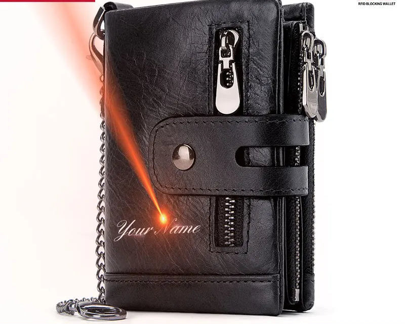 Portefeuille homme cuir véritable RFID avec chaîne zippé compact personnalisable — photo 3