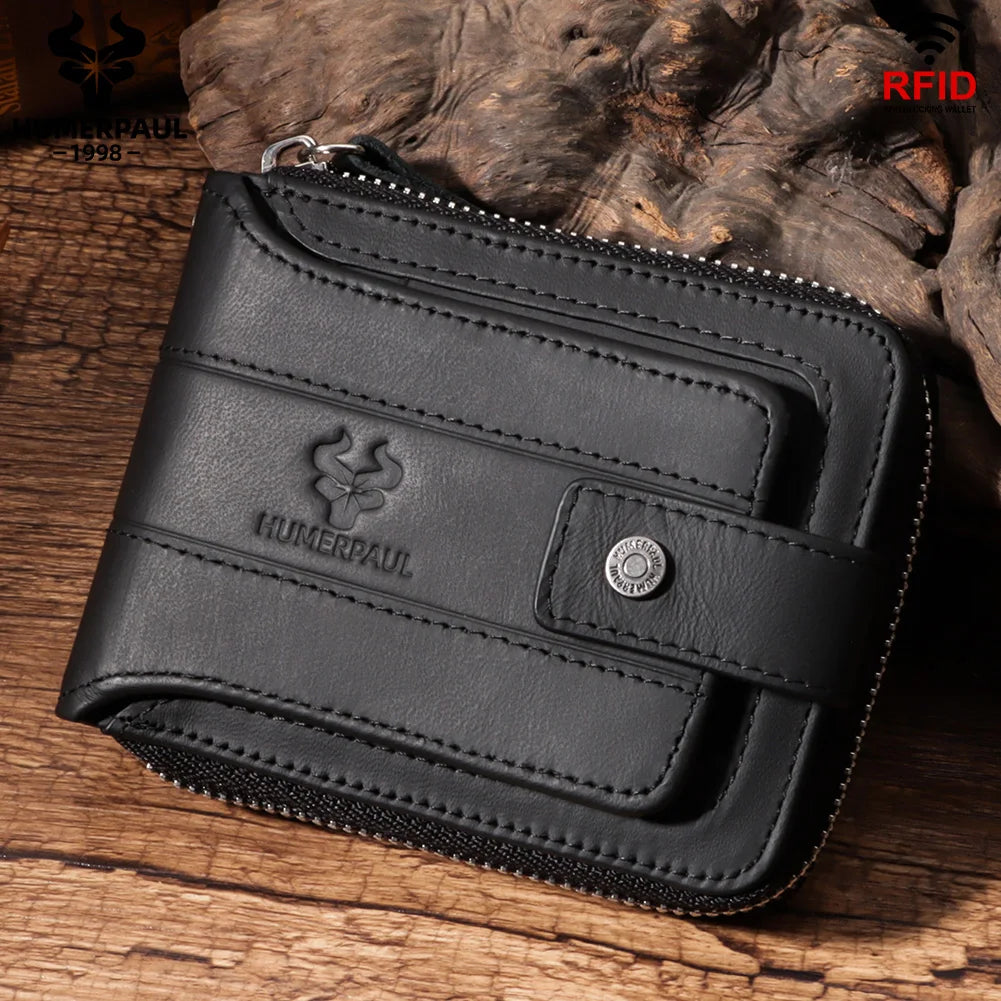 Portefeuille homme cuir véritable RFID grande capacité zip et rabat sécurisé — photo 1