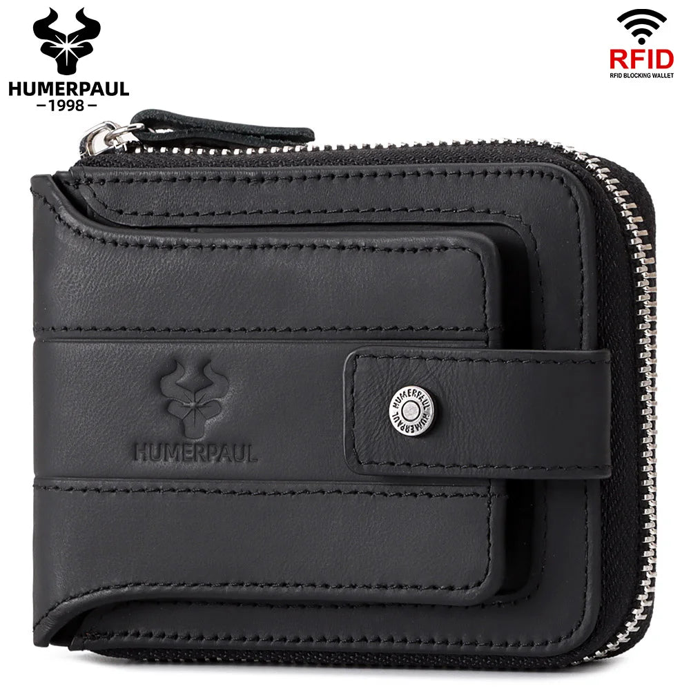 Portefeuille homme cuir véritable RFID grande capacité zip et rabat sécurisé — photo 3