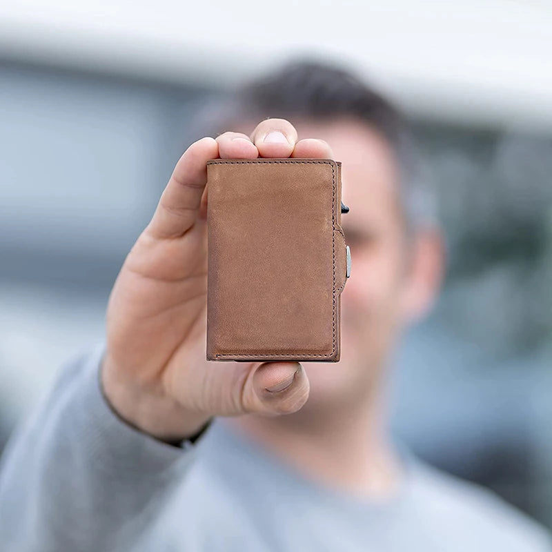Portefeuille cuir véritable RFID pop-up compact avec porte-cartes sécurisé — photo 1