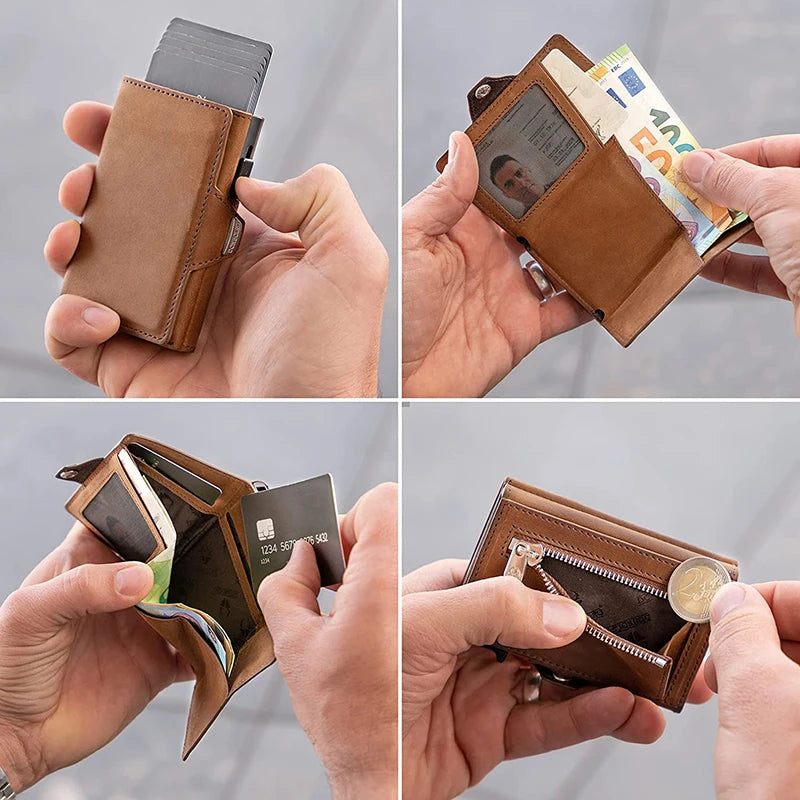 Portefeuille cuir véritable RFID pop-up compact avec porte-cartes sécurisé — photo 4 Image