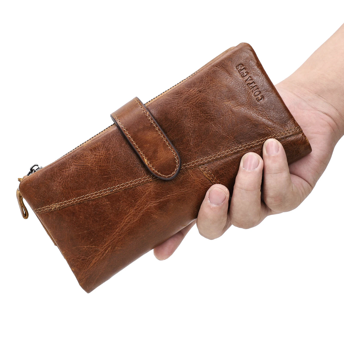 Portefeuille long en cuir véritable avec zip et bouton pression grande capacité unisexe — photo 1