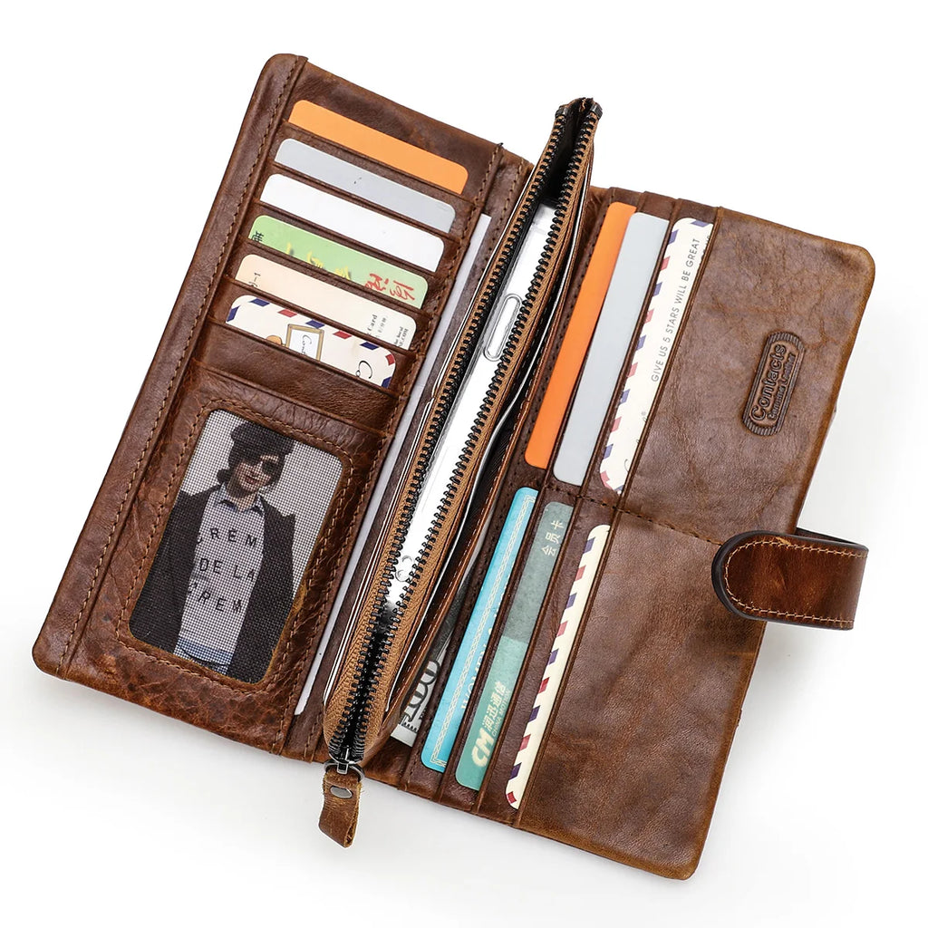 Portefeuille long en cuir véritable avec zip et bouton pression grande capacité unisexe — photo 2