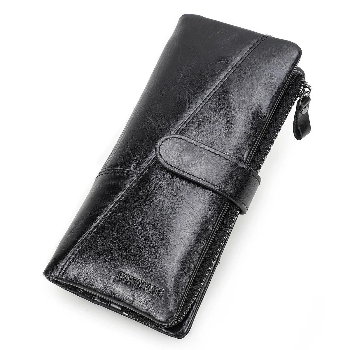 Portefeuille long en cuir véritable avec zip et bouton pression grande capacité unisexe — photo 7