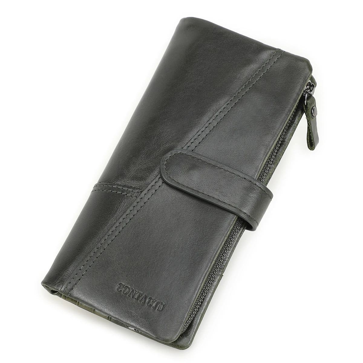 Portefeuille long en cuir véritable avec zip et bouton pression grande capacité unisexe — photo 8 Image