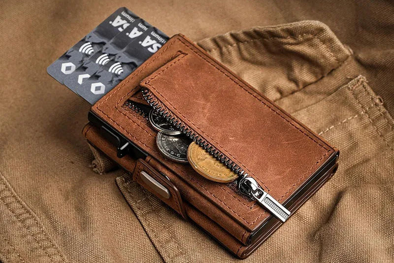 Portefeuille porte-carte en cuir véritable et aluminium avec poche monnaie — photo 1