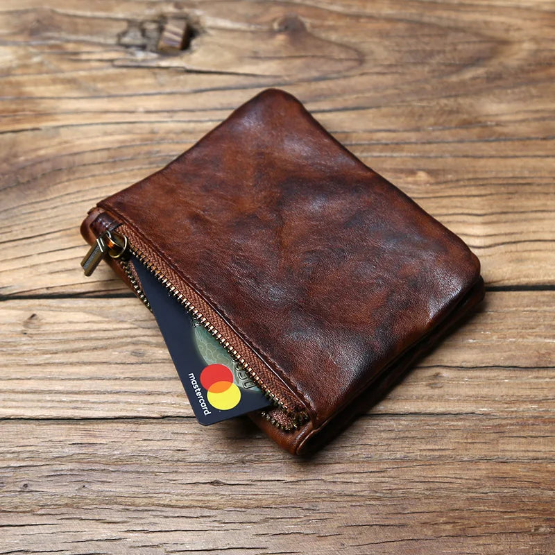 Portefeuille cuir véritable vachette rétro compact avec zip et porte-monnaie — photo 2
