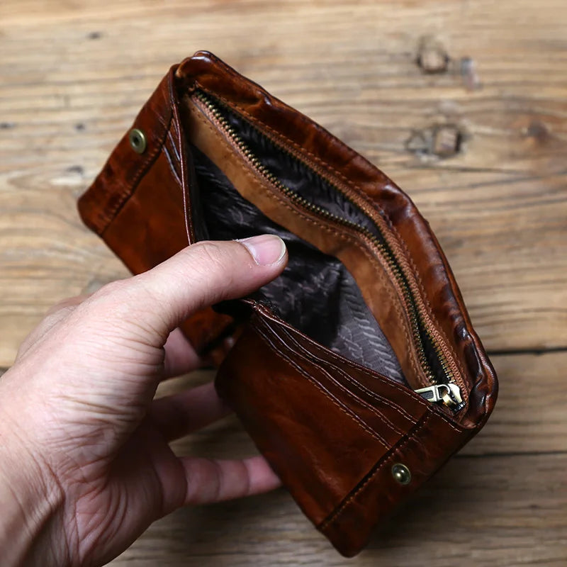 Portefeuille cuir véritable vachette rétro compact avec zip et porte-monnaie — photo 5