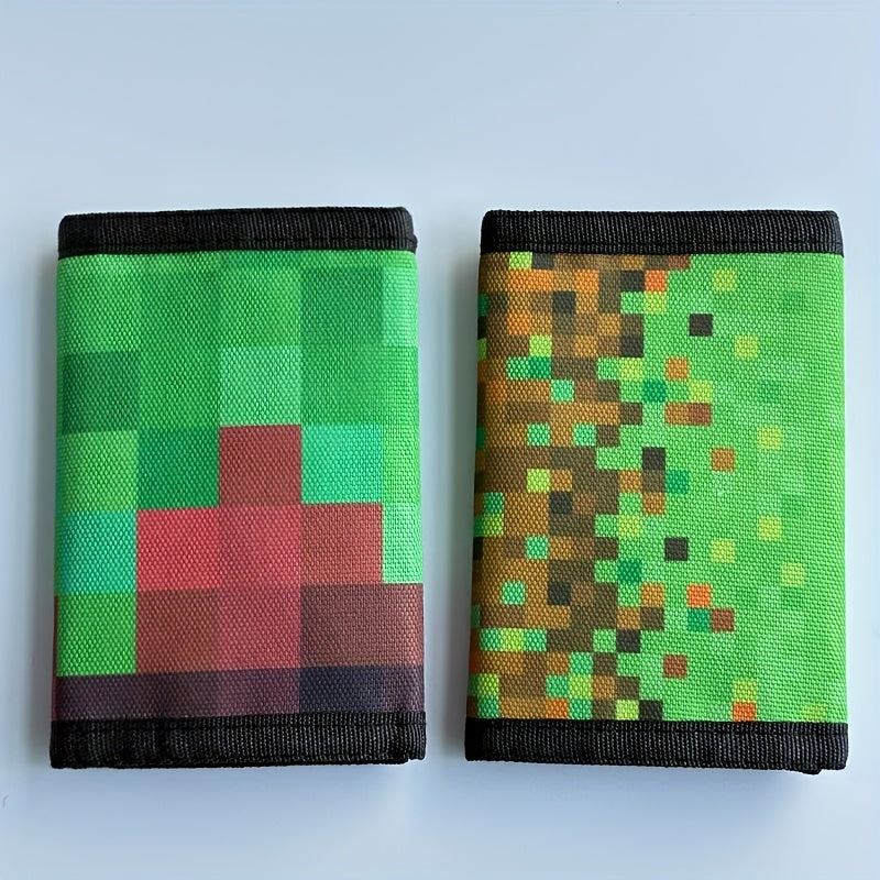 Portefeuille enfant 3 volets motif pixel vert à mousqueton pivotant