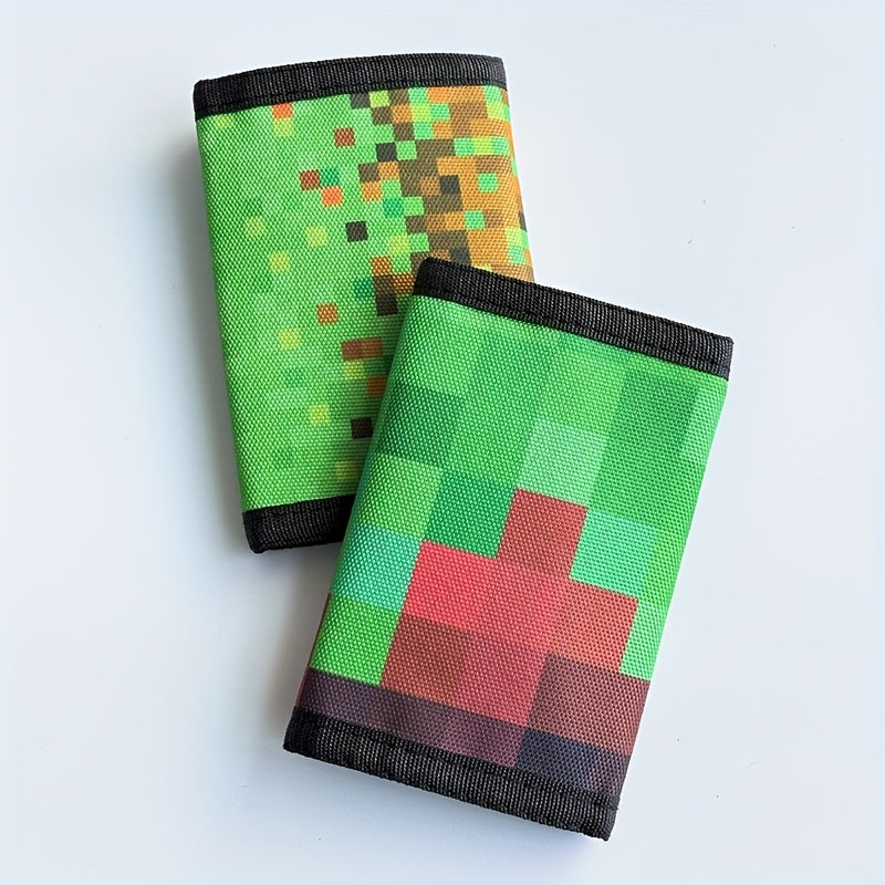 Portefeuille enfant 3 volets motif pixel vert à mousqueton pivotant
