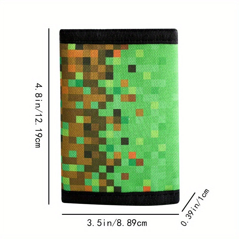 Portefeuille enfant 3 volets motif pixel vert à mousqueton pivotant