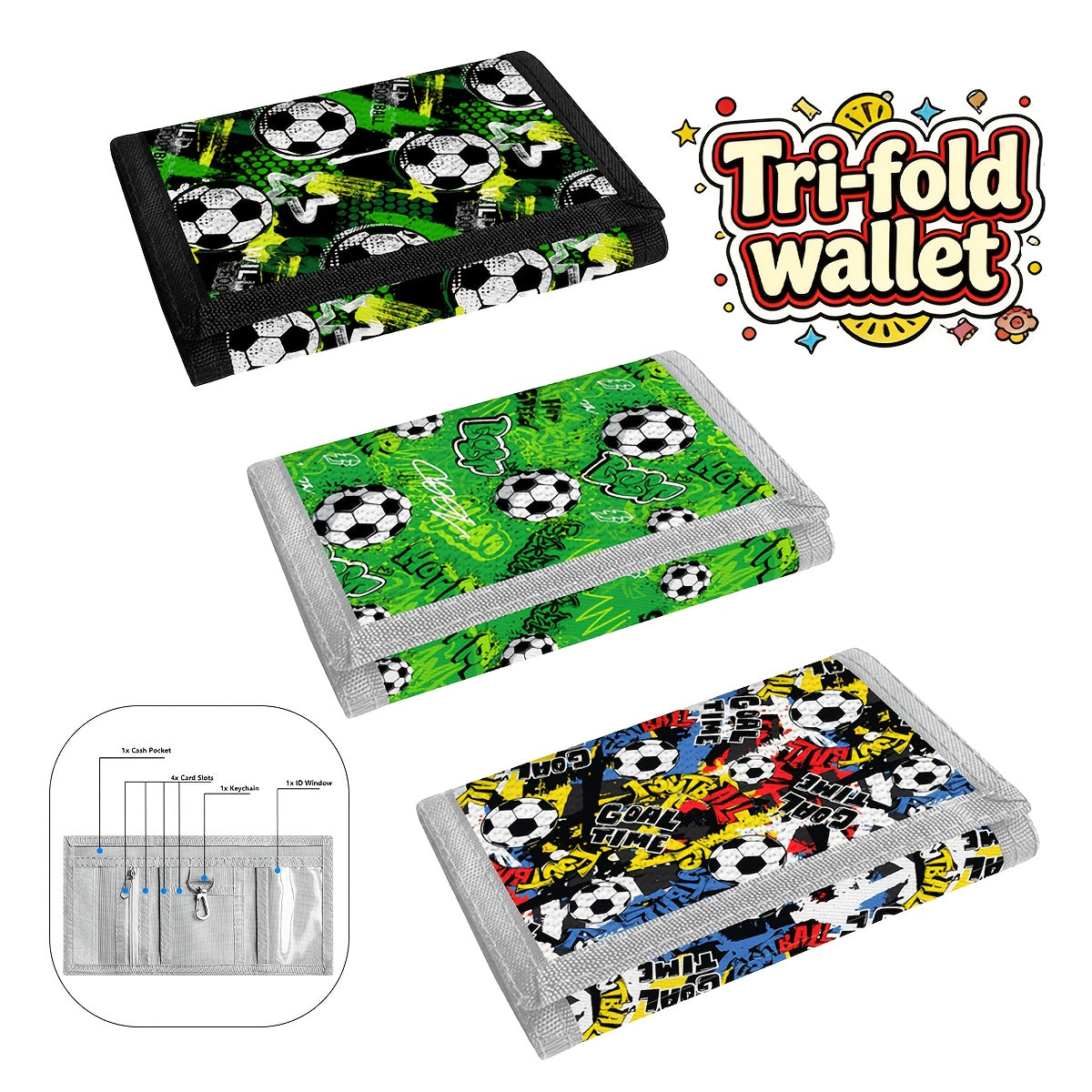 Portefeuille enfant garçon football 3 volets avec porte-clés