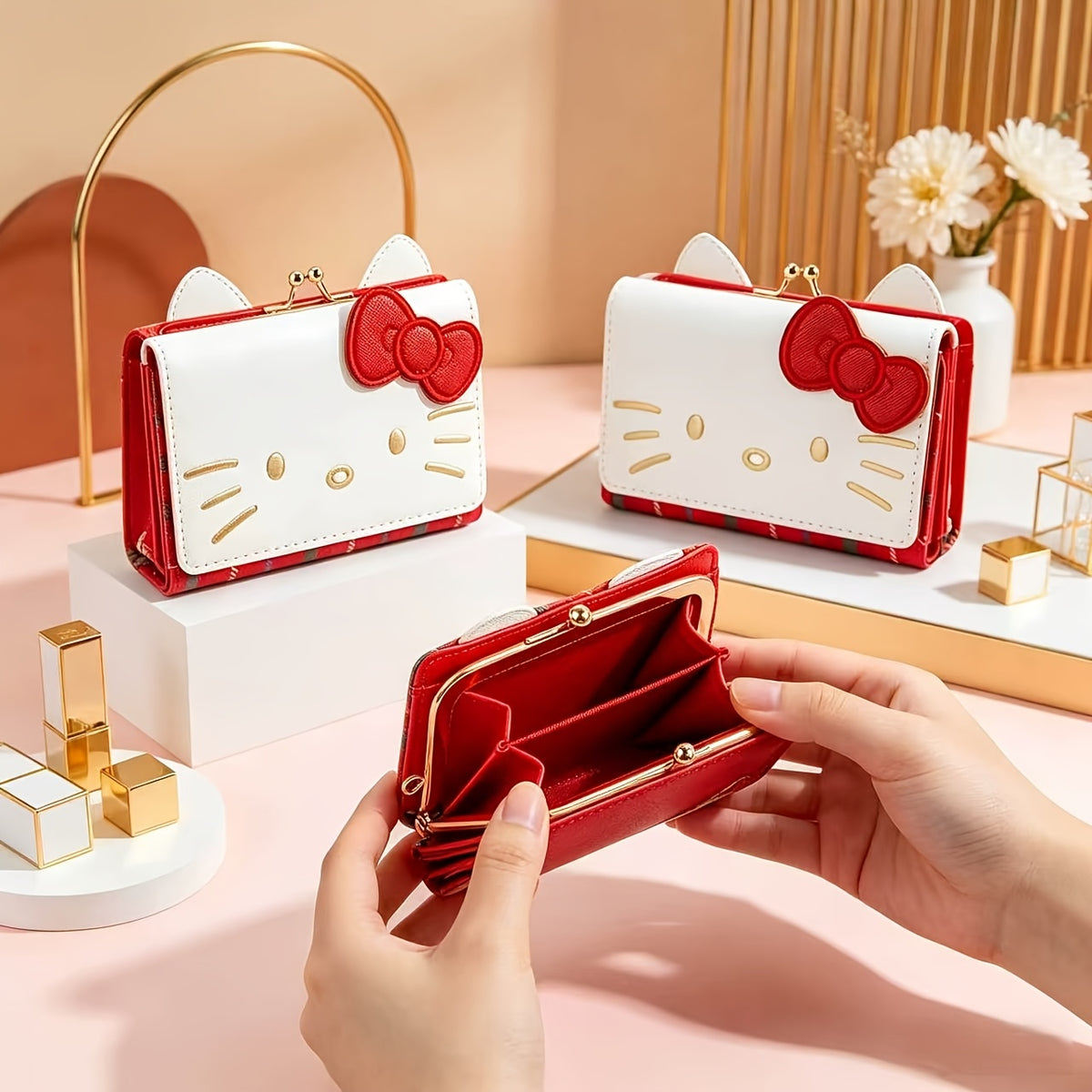 Portefeuille femme 3 volets à fermoir doré, oreilles chat