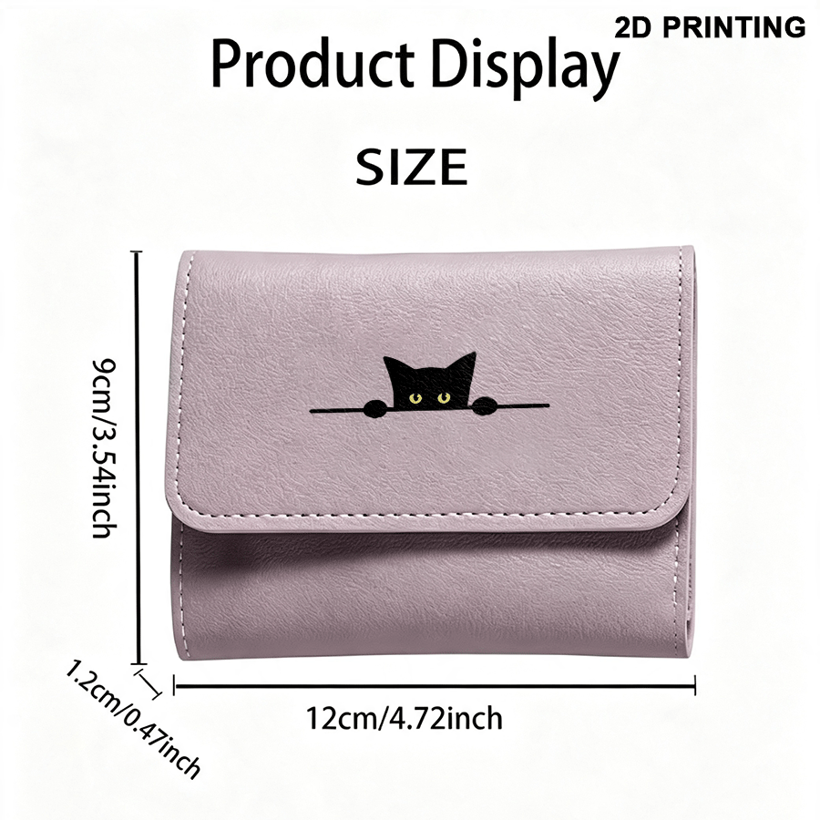 Portefeuille femme 3 volets en faux cuir, motif chat noir