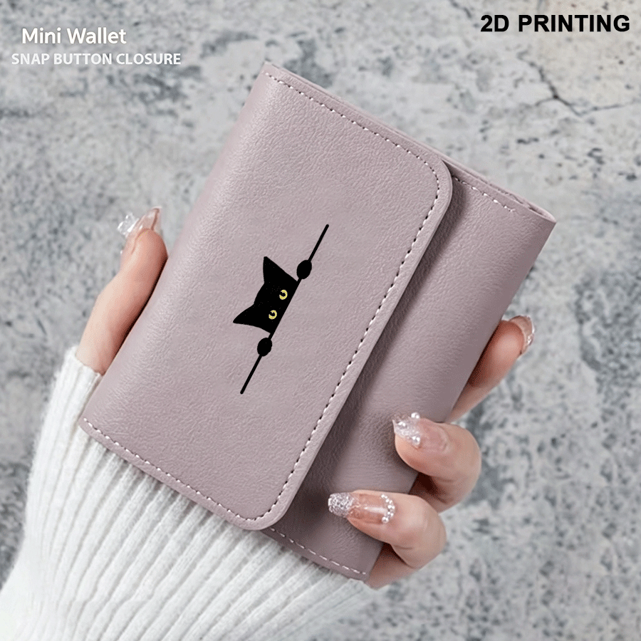 Portefeuille femme 3 volets en faux cuir, motif chat noir